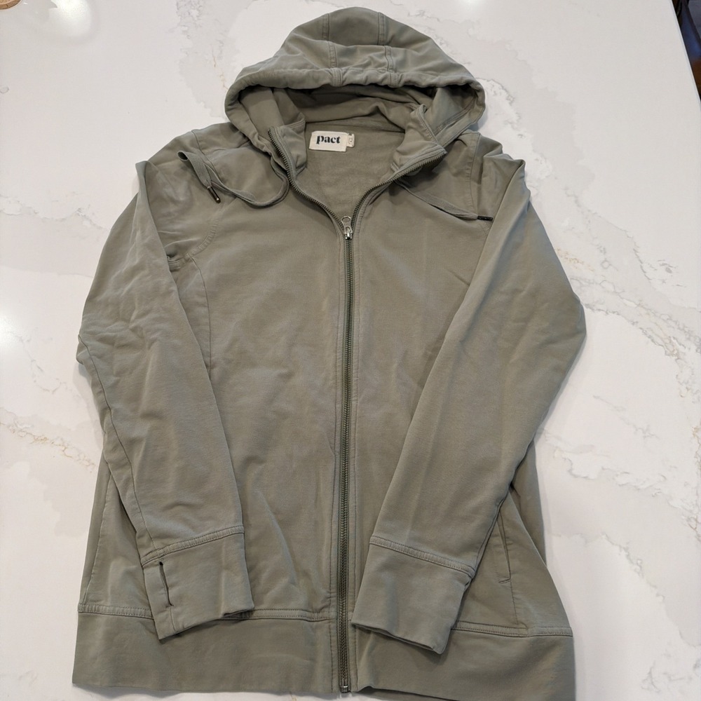 Pact Hoodie Women Large Olive Green Excellent Organic Cotton Full Zip Thumbhole